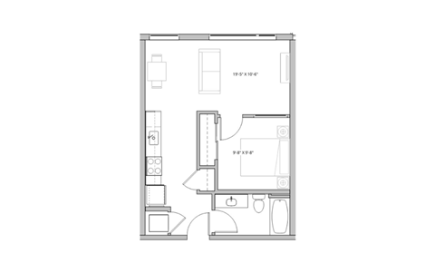Floor plan for 1 bed, 1 bath, 629 sqft